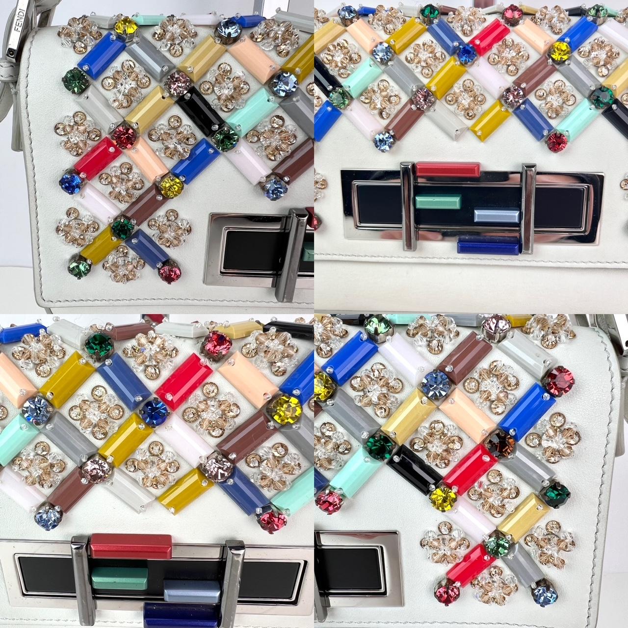 Fendi Vitello Dolce Crystal Baguette Shoulder Bag White Multicolor 2
