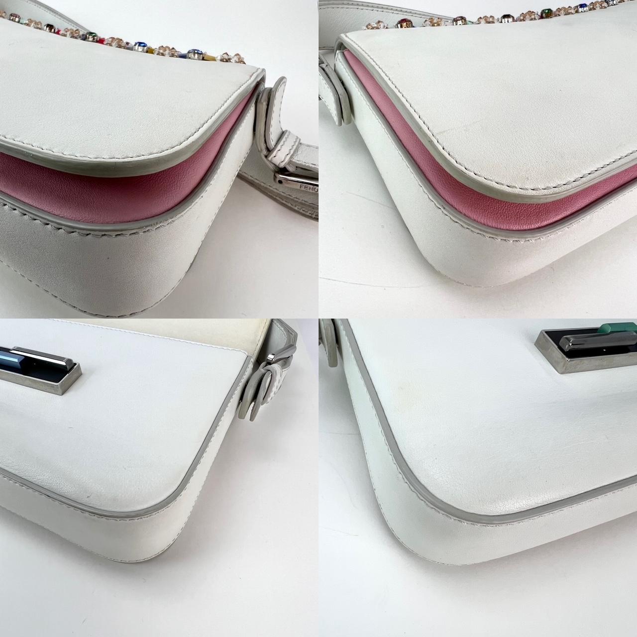 Fendi Vitello Dolce Crystal Baguette Shoulder Bag White Multicolor 5