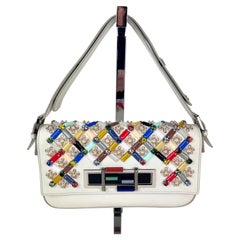 Fendi Vitello Dolce Crystal Baguette Shoulder Bag White Multicolor