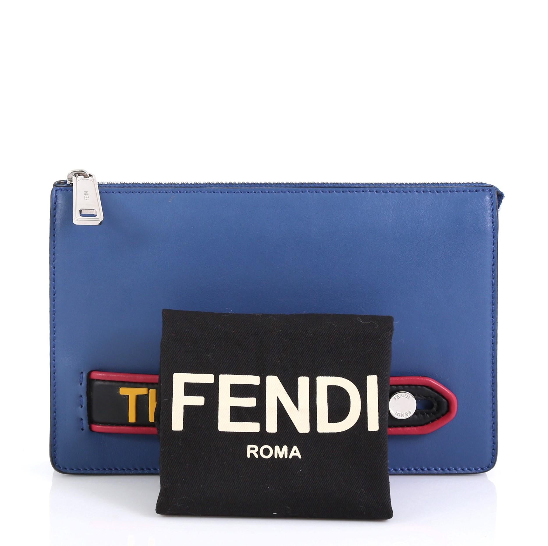 This Fendi Vocabulary Pouch Inlaid Leather Small, crafted in blue leather, features a leather handle with raised 