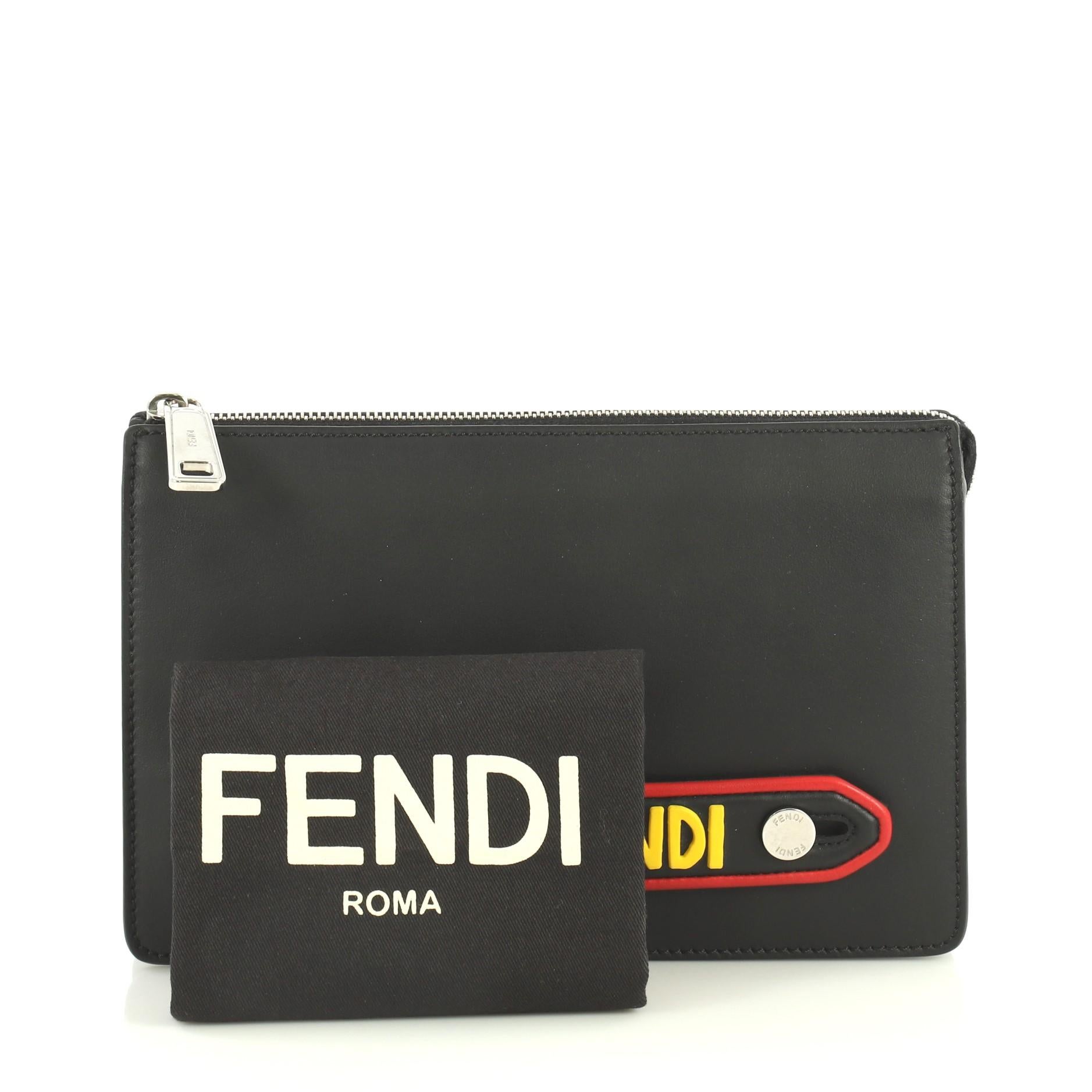 This Fendi Vocabulary Pouch Inlaid Leather Small, crafted in black leather, features a leather handle with raised 