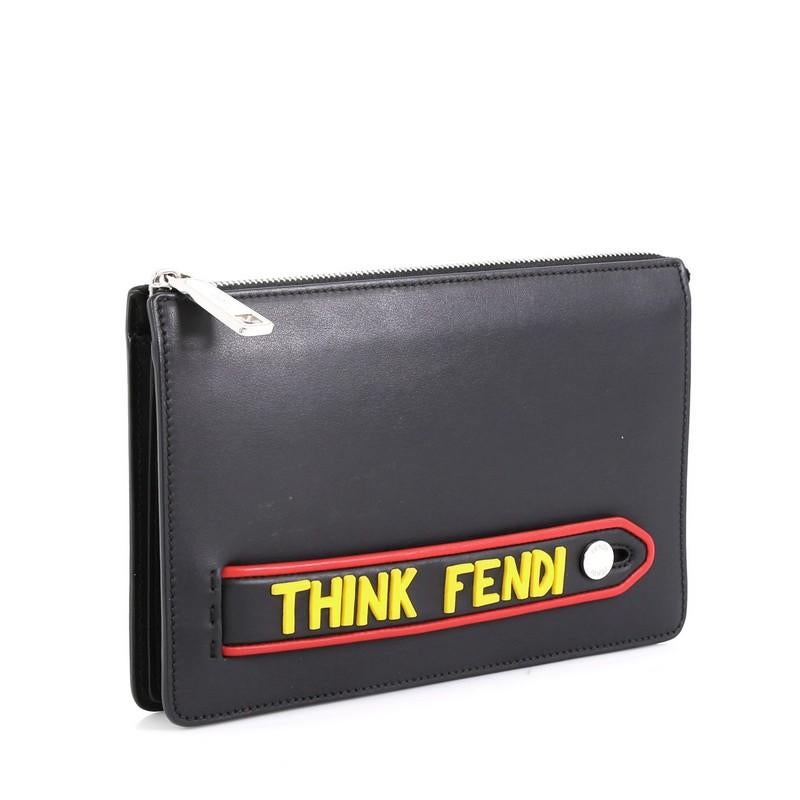 This Fendi Vocabulary Pouch Inlaid Leather Small, crafted in black leather, features a leather handle with raised 