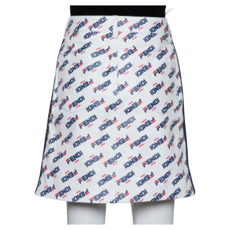 Gray Fendi White Allover Fendi Mania Logo Leather Mini Skirt M For Sale