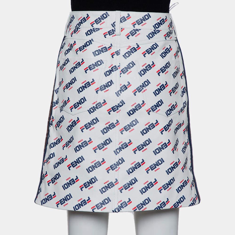 Fendi White Allover Fendi Mania Logo Leather Mini Skirt M 1