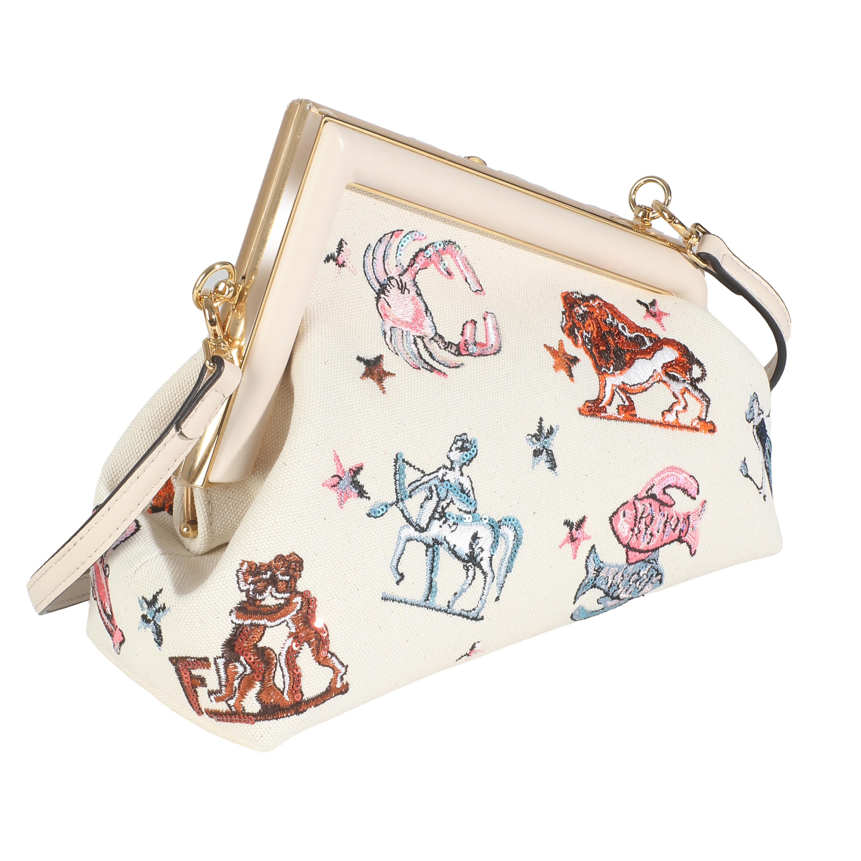 Fendi White Astrology Embroidered Canvas First Small Bag In Excellent Condition For Sale In New York, NY