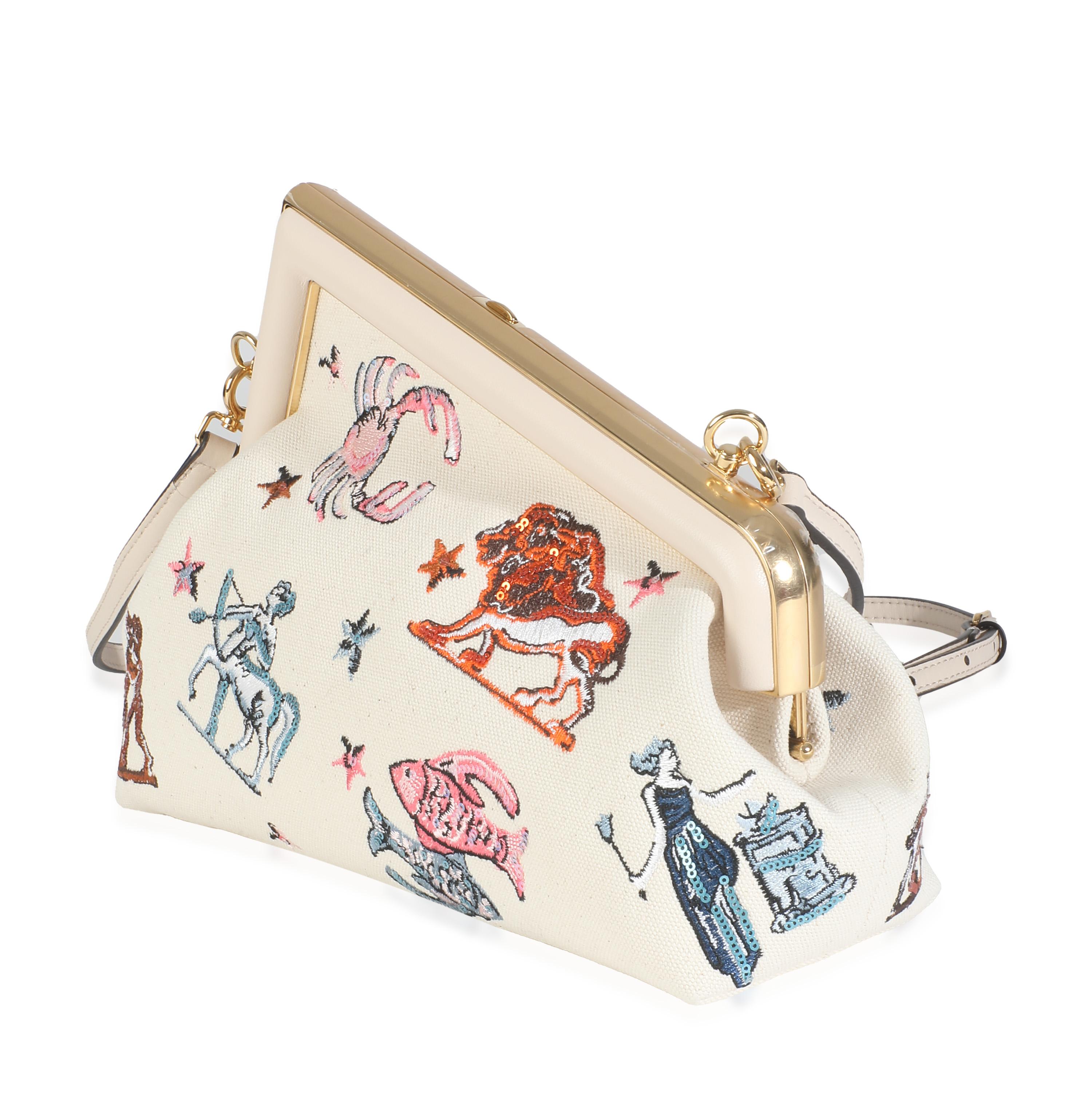 Women's or Men's Fendi White Astrology Embroidered Canvas First Small Bag For Sale