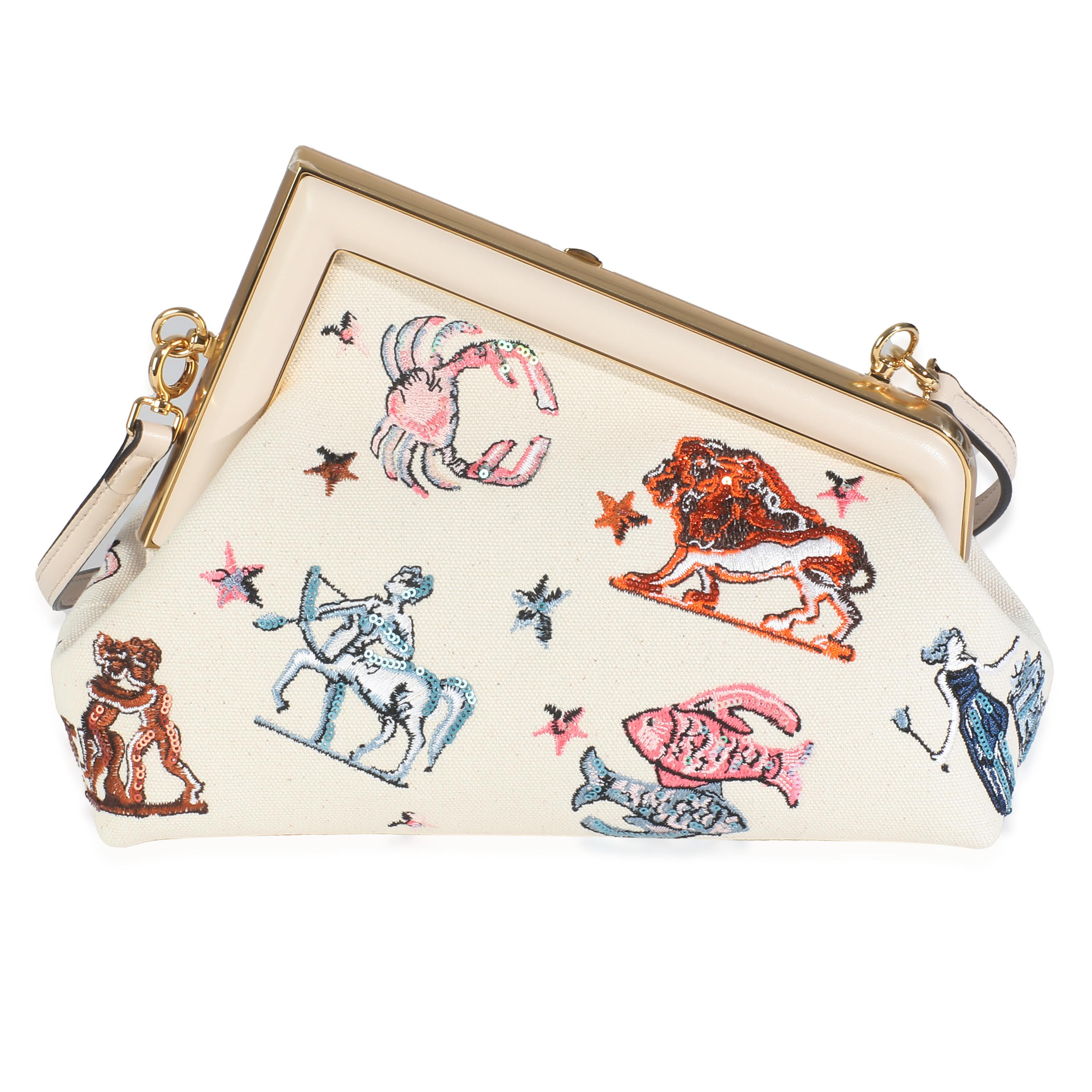 Fendi White Astrology Embroidered Canvas First Small Bag For Sale