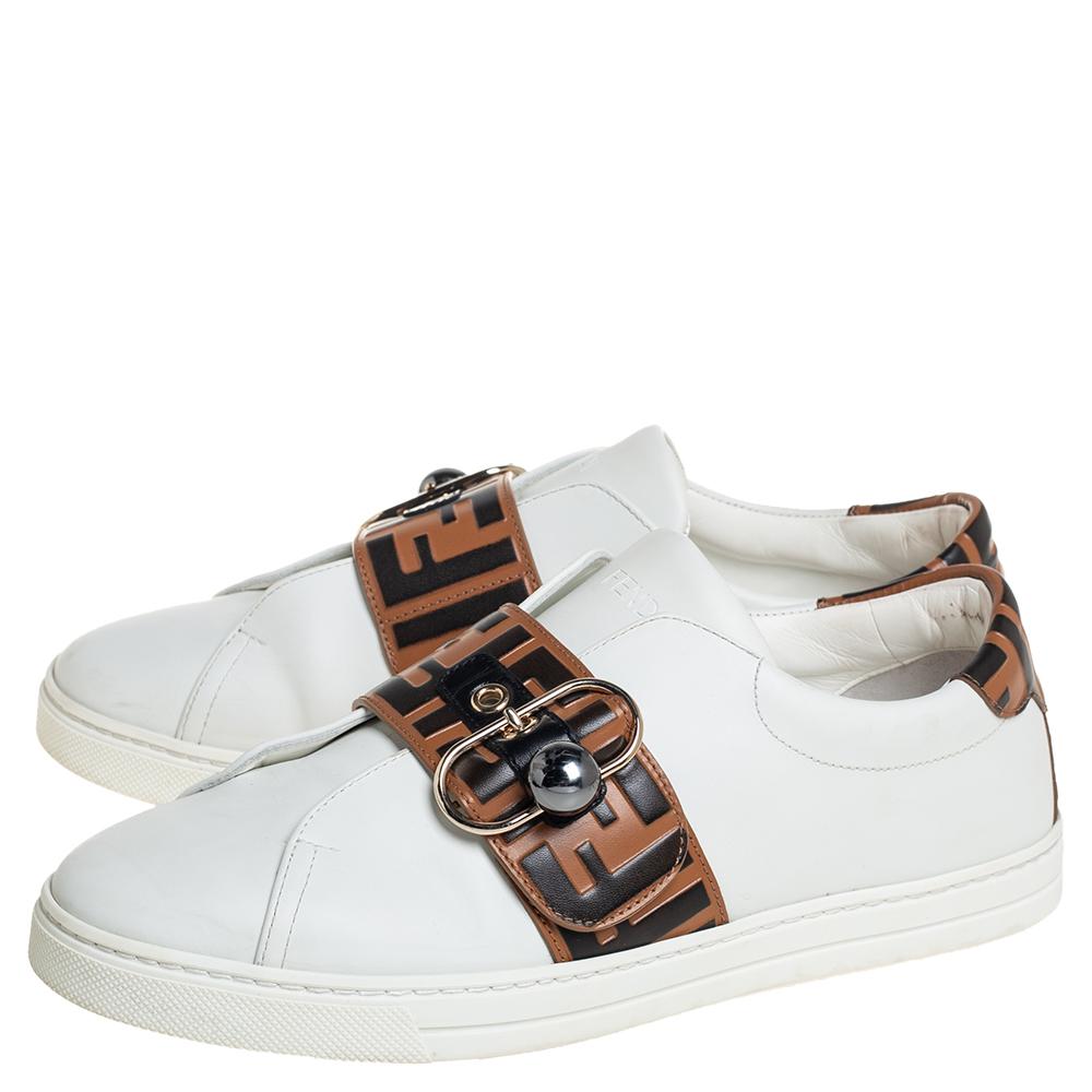 Fendi White/Beige Zucca Leather Low Top Sneakers Size 40 1