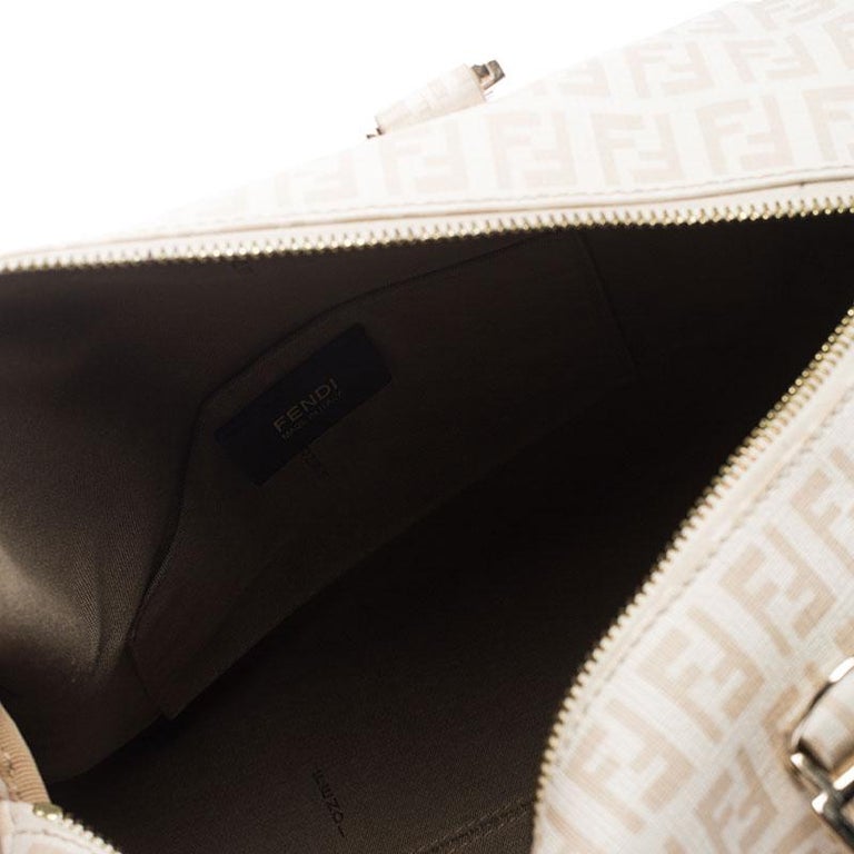 Fendi White/Beige Zucchino Coated Canvas Medium Forever Bauletto Boston Bag  at 1stDibs