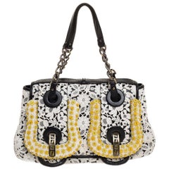 Fendi White/Black Lace and Leather Beads Embellished B Shoulder Bag