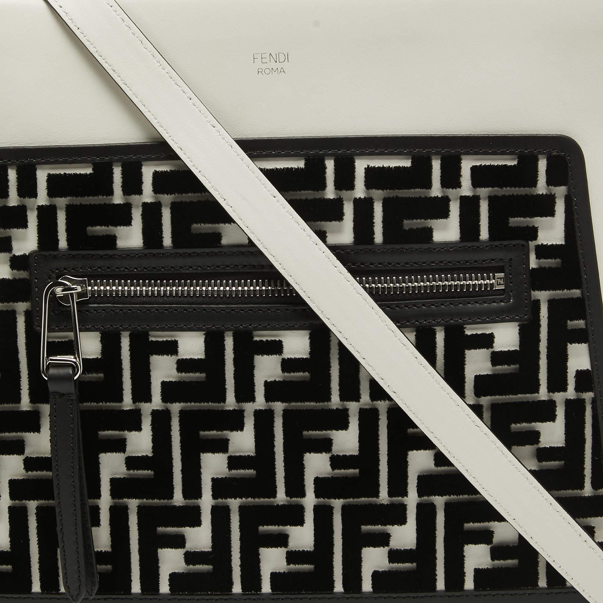 Women's Fendi White/Black Leather and Velvet FF Runaway Top Handle Bag For Sale