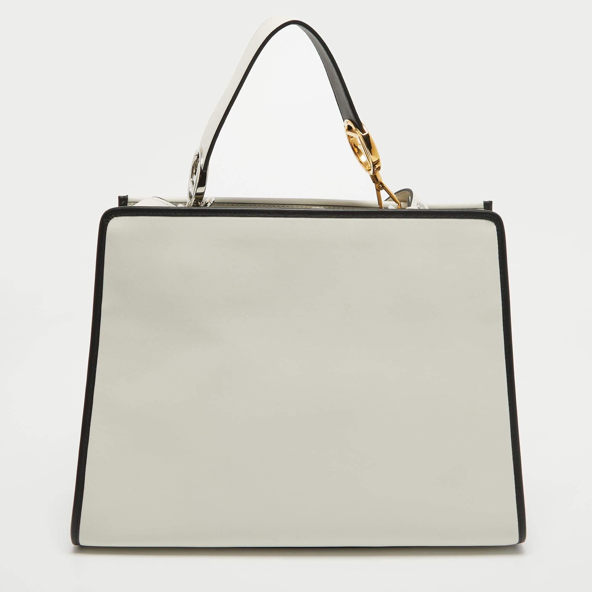 Fendi White/Black Leather and Velvet FF Runaway Top Handle Bag For Sale 4