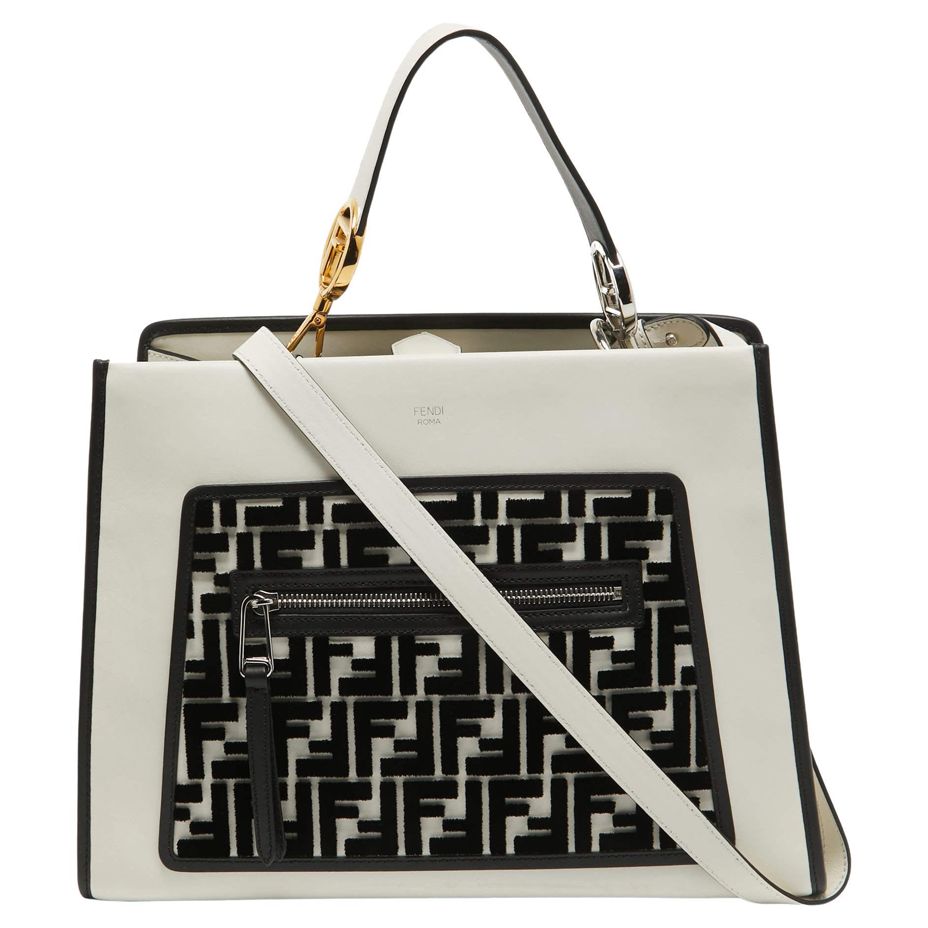 Fendi White/Black Leather and Velvet FF Runaway Top Handle Bag For Sale