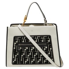 Fendi - Sac à main en cuir et velours FF Runaway, blanc/noir