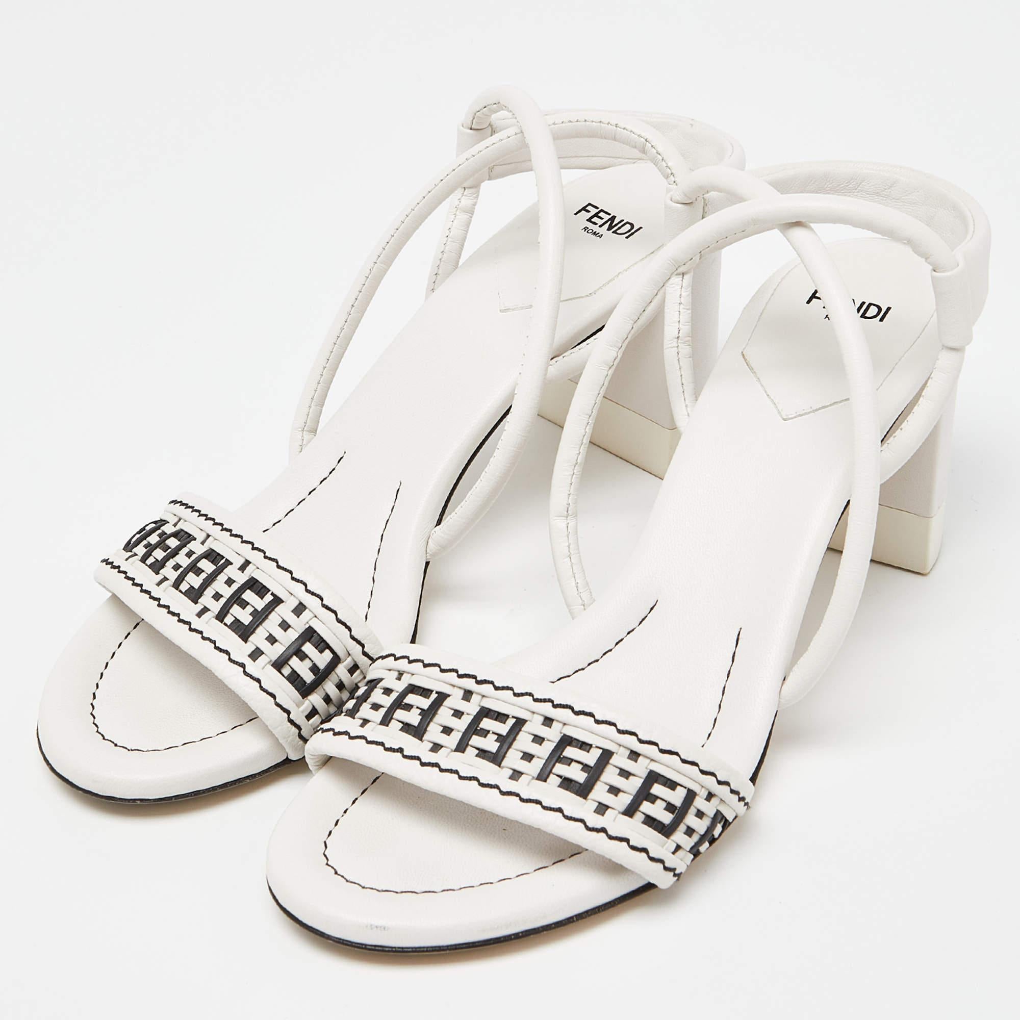 Women's Fendi White/Black Leather Block Heel Ankle Strap Sandals Size 38