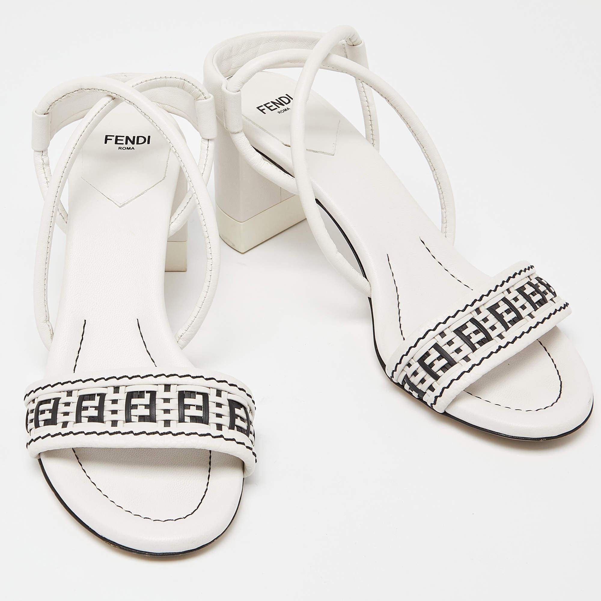 Fendi White/Black Leather Block Heel Ankle Strap Sandals Size 38 1