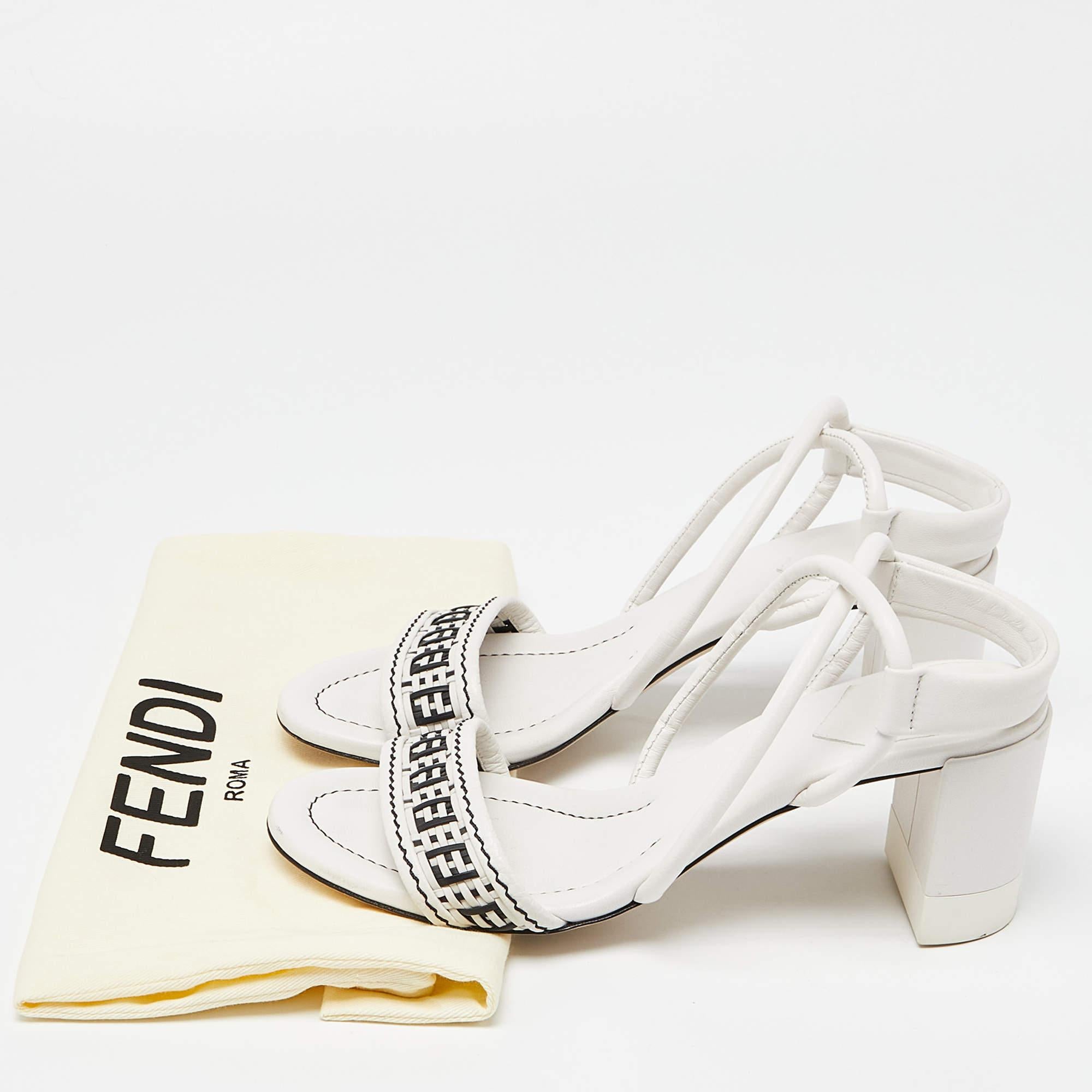 Fendi White/Black Leather Block Heel Ankle Strap Sandals Size 38 3