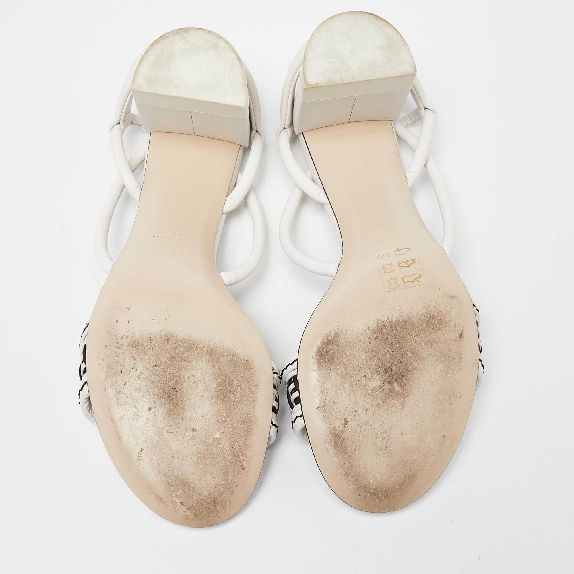 Fendi White/Black Leather Block Heel Ankle Strap Sandals Size 38 5