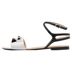 Fendi White/Black Lizard Embossed Studded Ankle Strap Flat Sandals Size 40