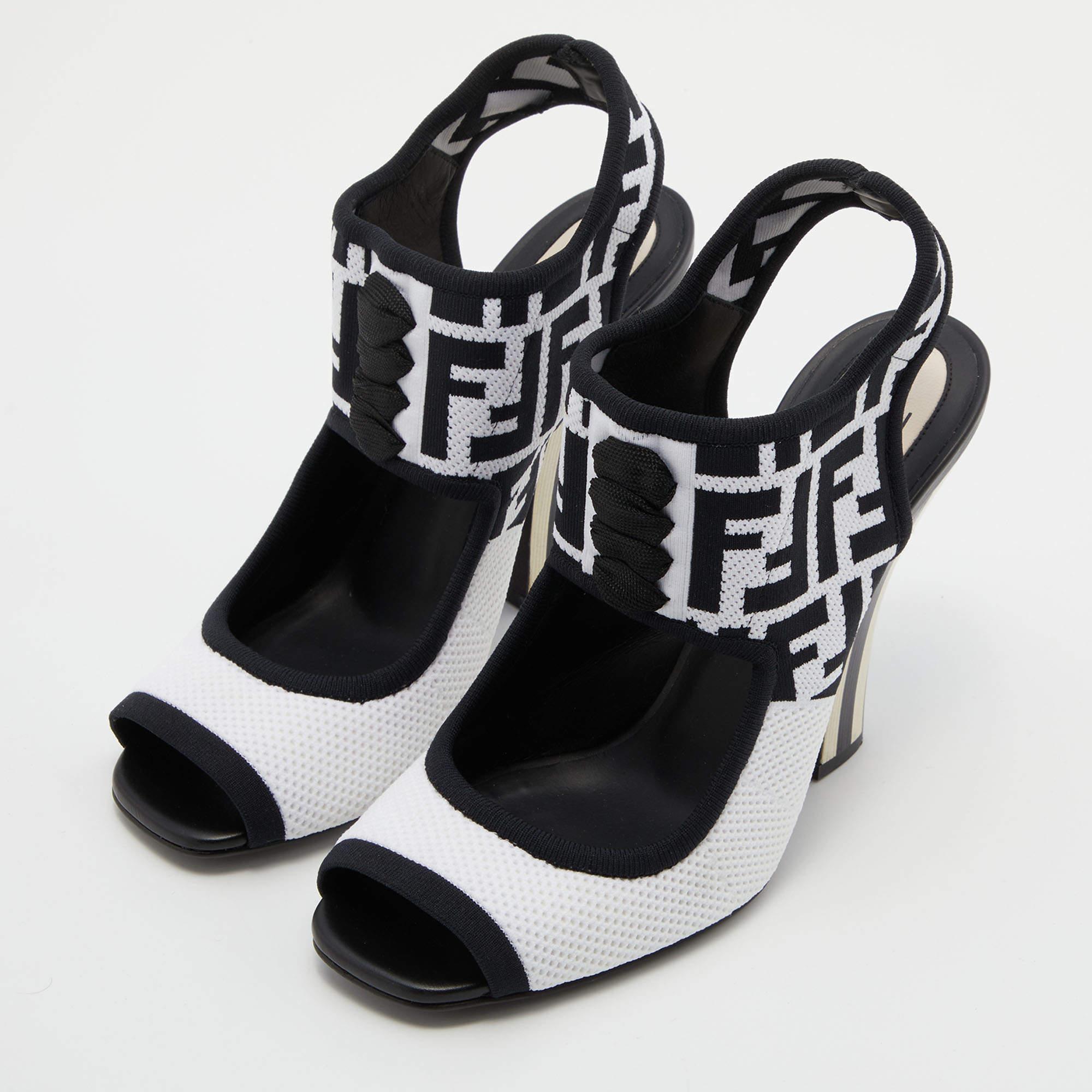 Women's Fendi White/Black Zucca Knit Fabric Peep Toe Slingback Sandals Size 40