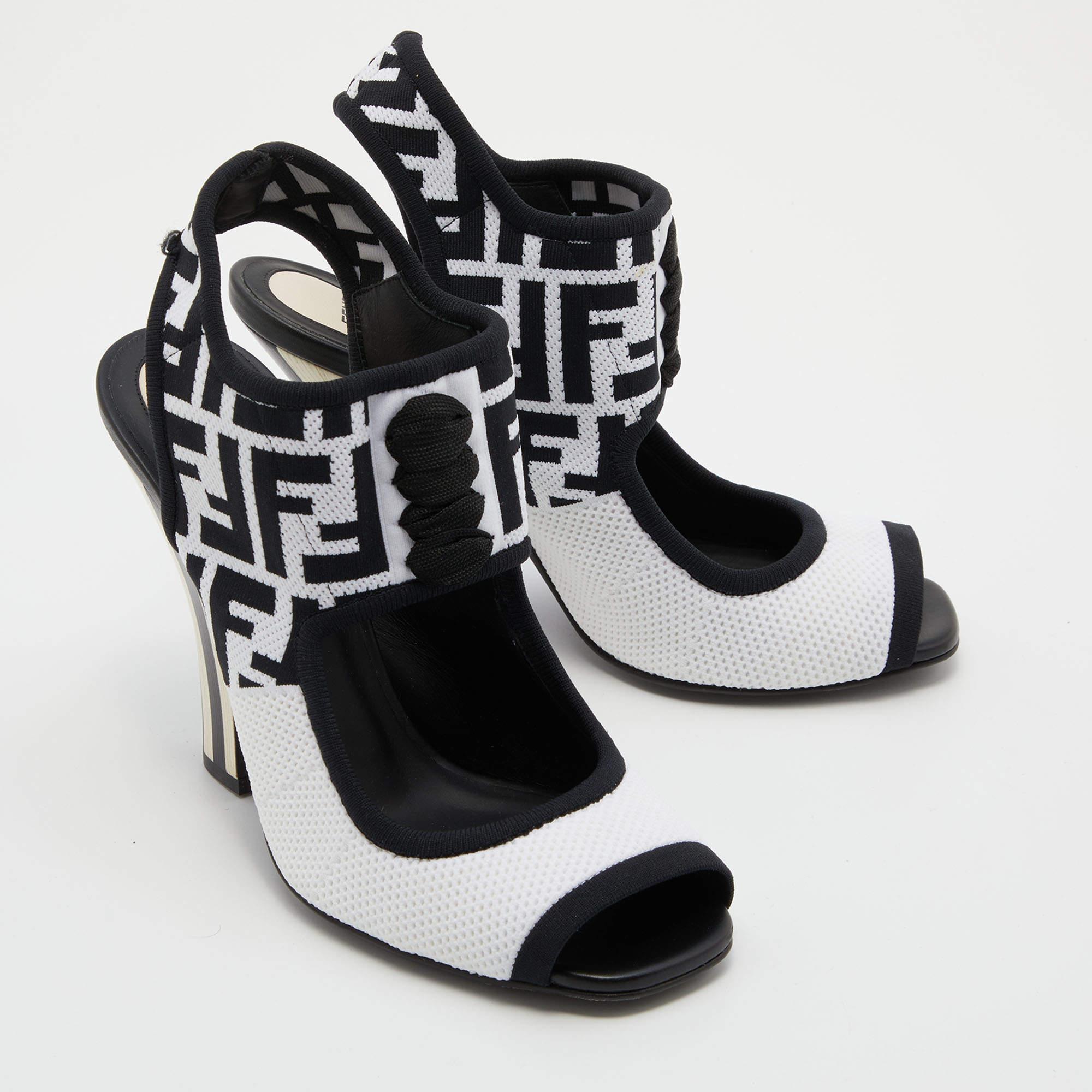Fendi White/Black Zucca Knit Fabric Peep Toe Slingback Sandals Size 40 1