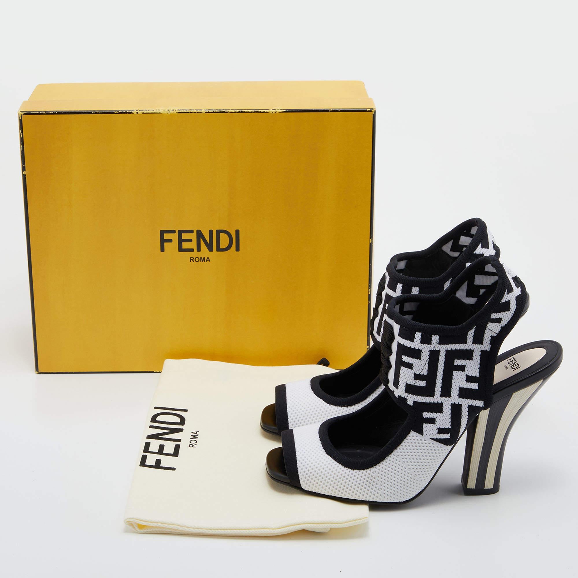 Fendi White/Black Zucca Knit Fabric Peep Toe Slingback Sandals Size 40 3