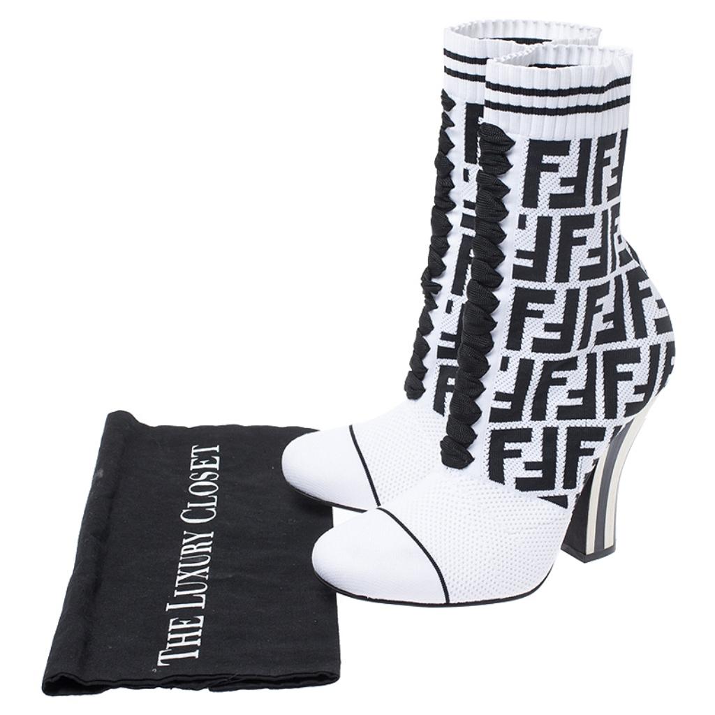 Women's Fendi White/Black Zucca Stretch Knit Lace Ankle Boots Size 37.5