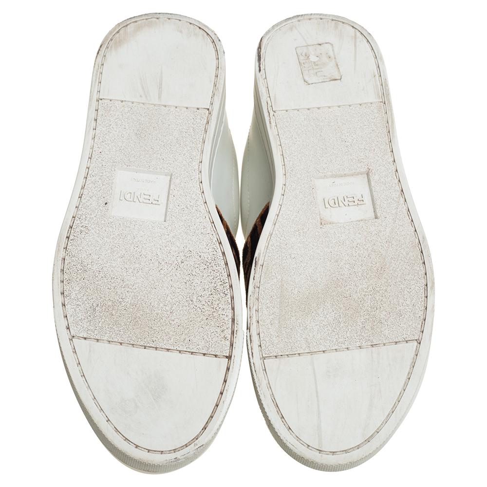 Fendi White/Brown Leather And Velvet Pearland Slip On Sneakers Size 36 In Good Condition In Dubai, Al Qouz 2