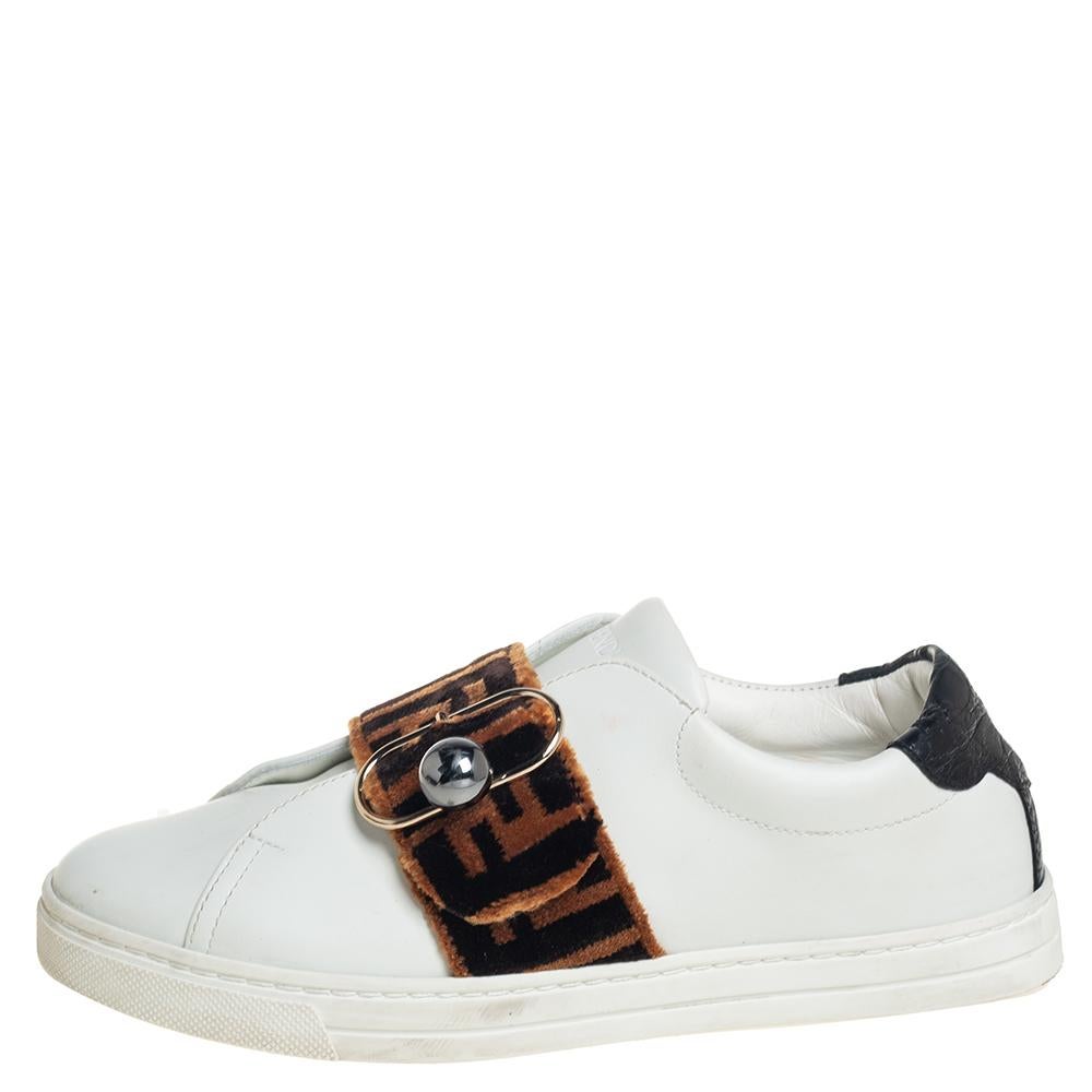 Women's Fendi White/Brown Leather And Velvet Pearland Slip On Sneakers Size 36