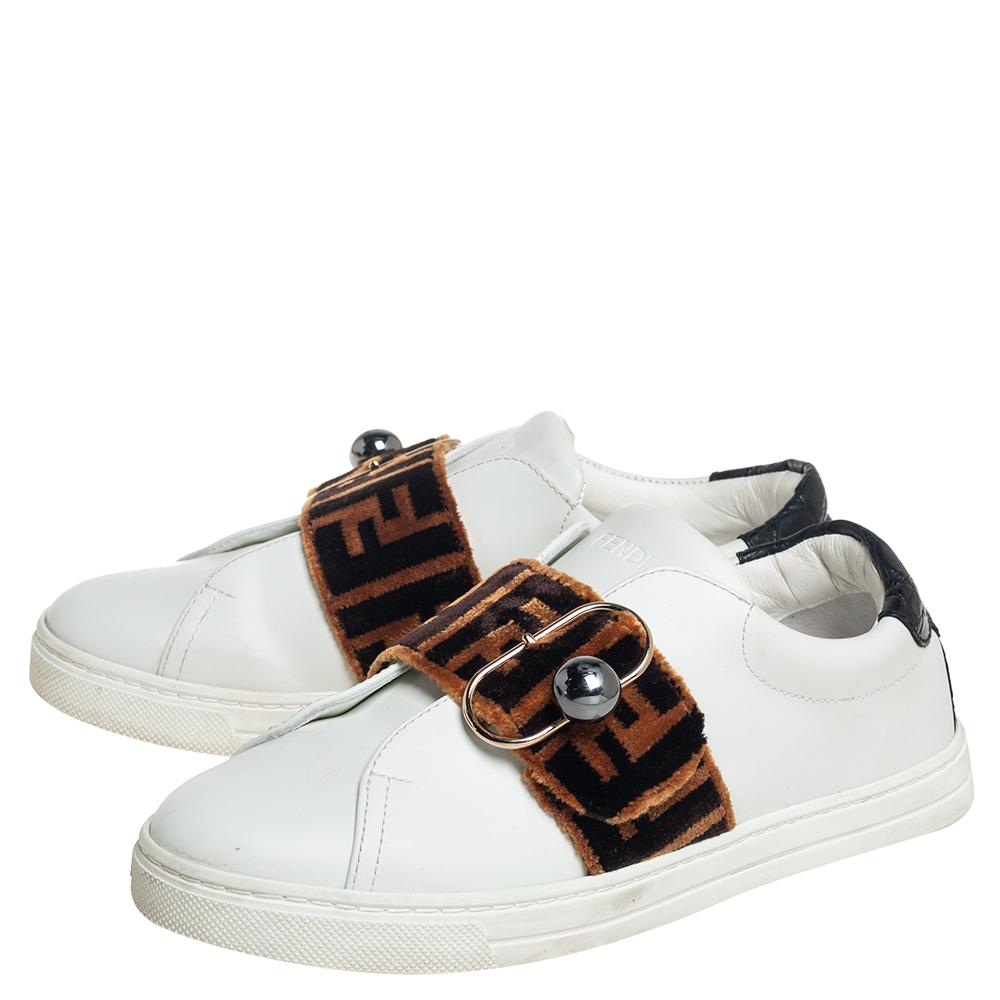 Fendi White/Brown Leather And Velvet Pearland Slip On Sneakers Size 36 2