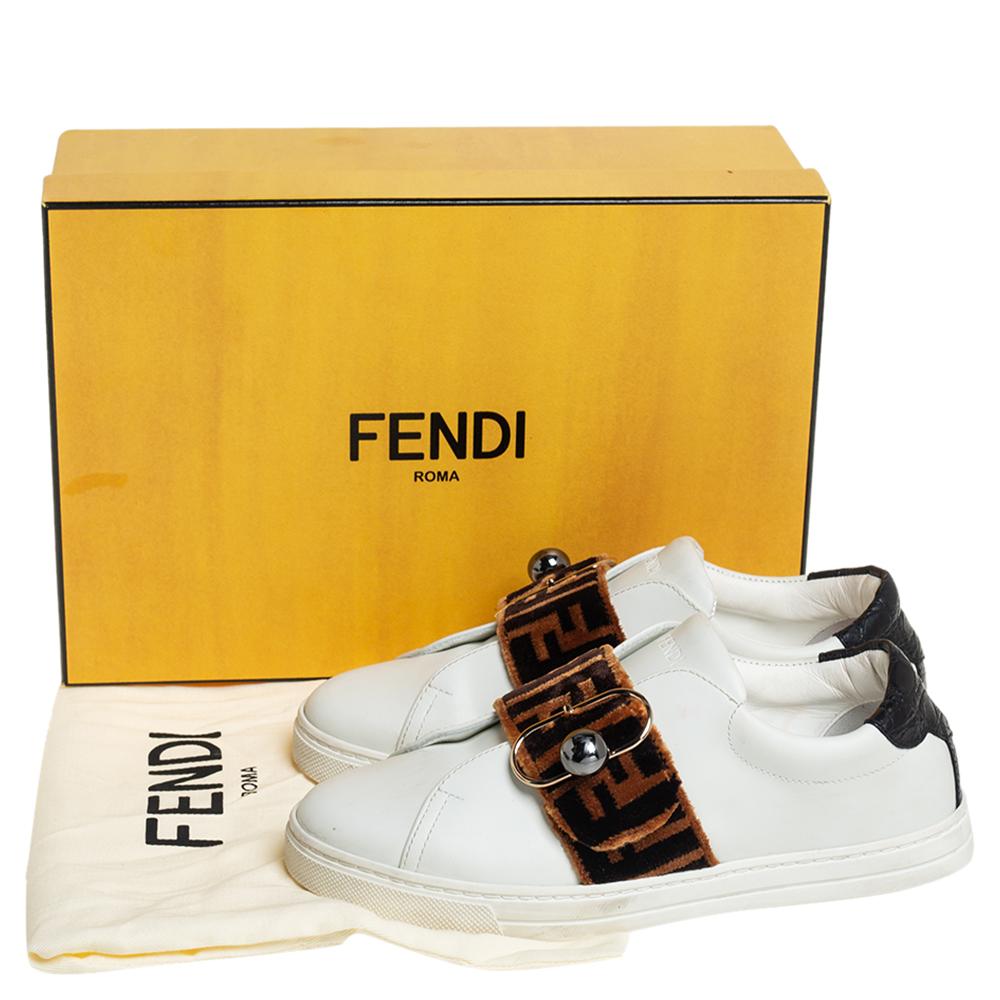 Fendi White/Brown Leather And Velvet Pearland Slip On Sneakers Size 36 3