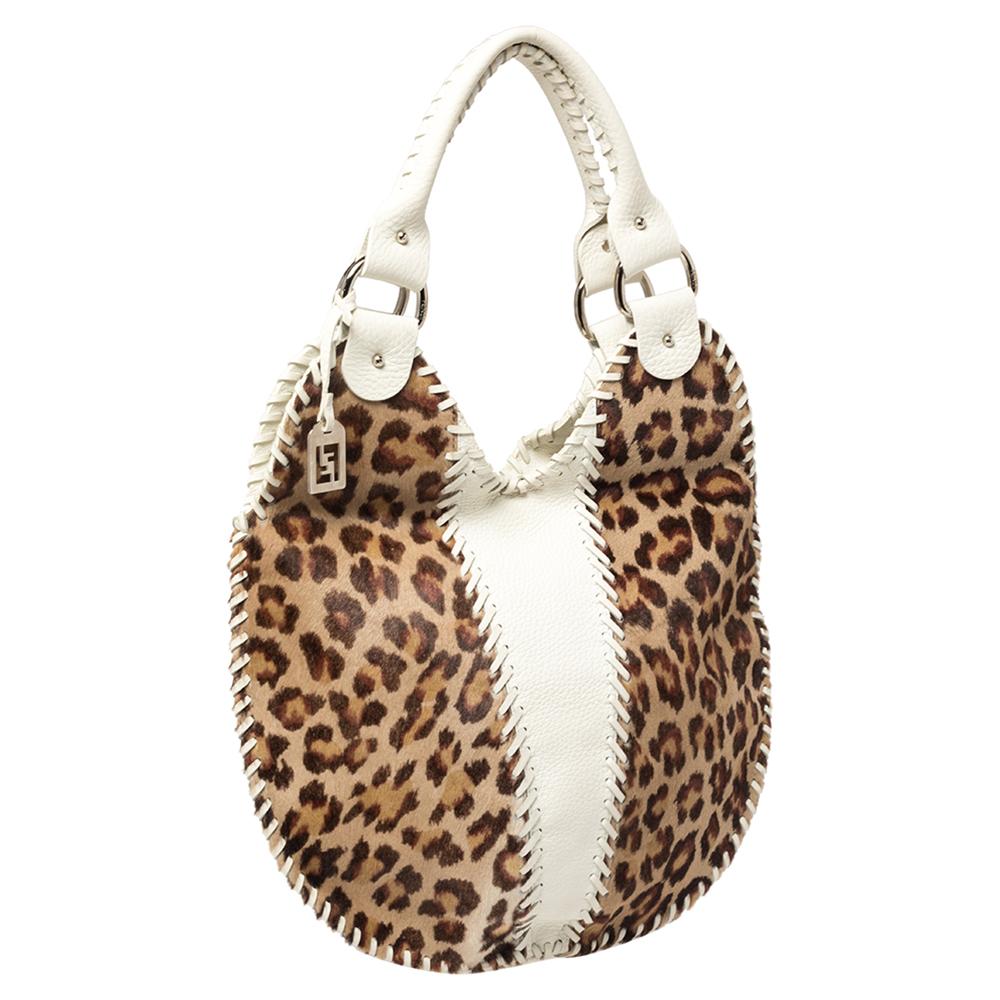 Women's Fendi White/Brown Leopard Print Calfhair and Leather Whipstitch Hobo