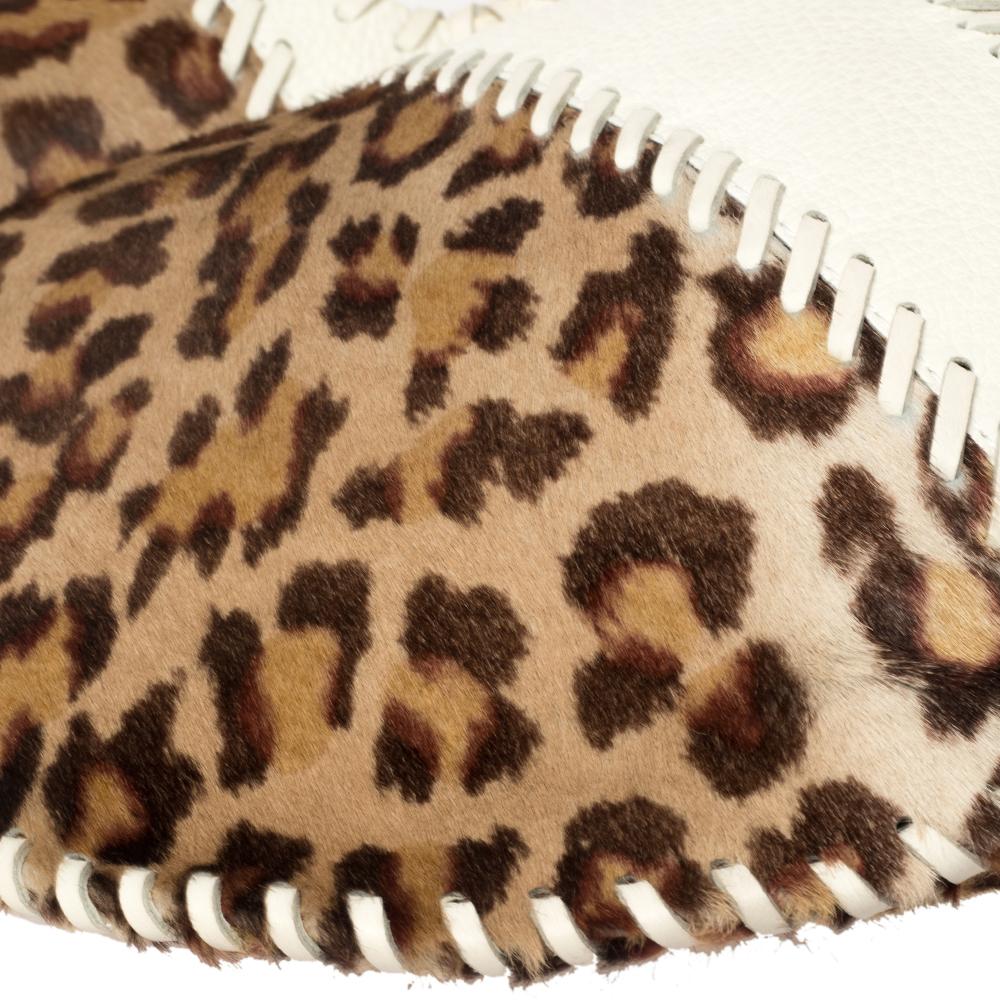 Fendi White/Brown Leopard Print Calfhair and Leather Whipstitch Hobo 2
