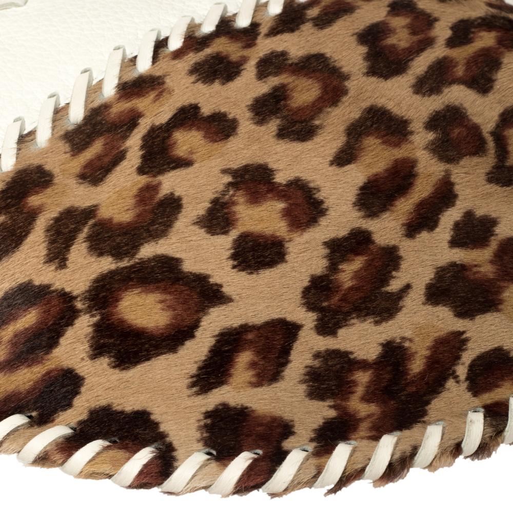 Fendi White/Brown Leopard Print Calfhair and Leather Whipstitch Hobo 3