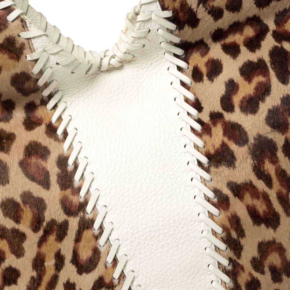 Fendi White/Brown Leopard Print Calfhair and Leather Whipstitch Hobo 4