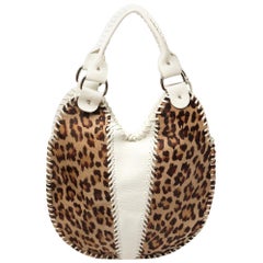 Fendi White/Brown Leopard Print Calfhair and Leather Whipstitch Hobo