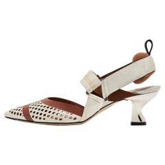 Fendi White/Brown Perforated Leather and Fabric Colibri Slingback Pumps Size 36