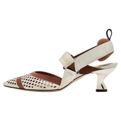 Fendi White/Brown Perforated Leather and Fabric Colibri Slingback Pumps Size 36