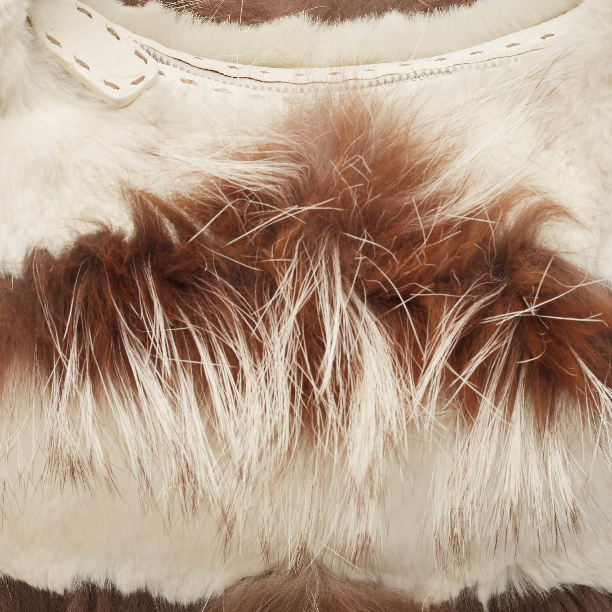 Fendi White/Brown Selleria Leather and Rabbit Fur Zip Hobo For Sale 9