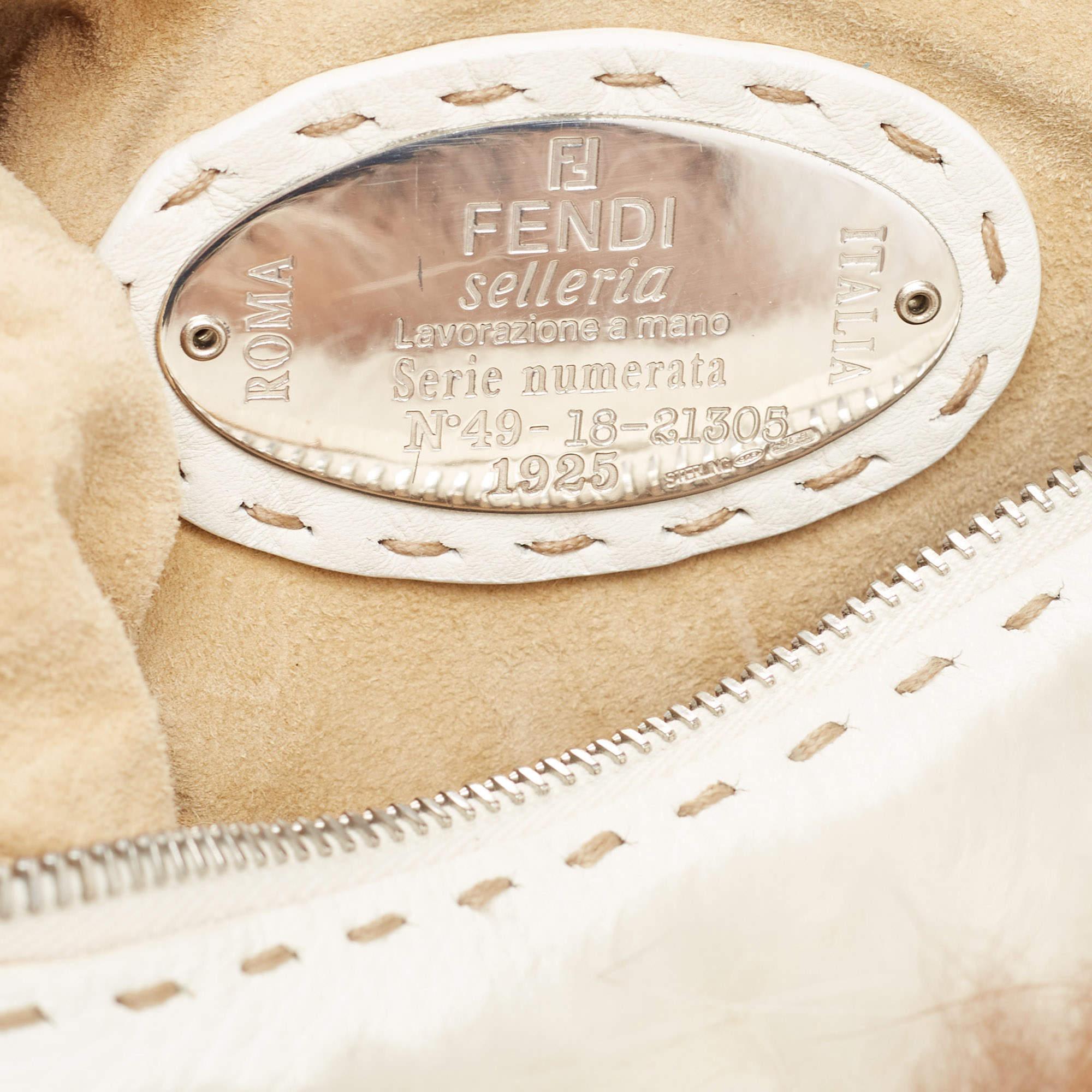 Women's Fendi White/Brown Selleria Leather and Rabbit Fur Zip Hobo For Sale