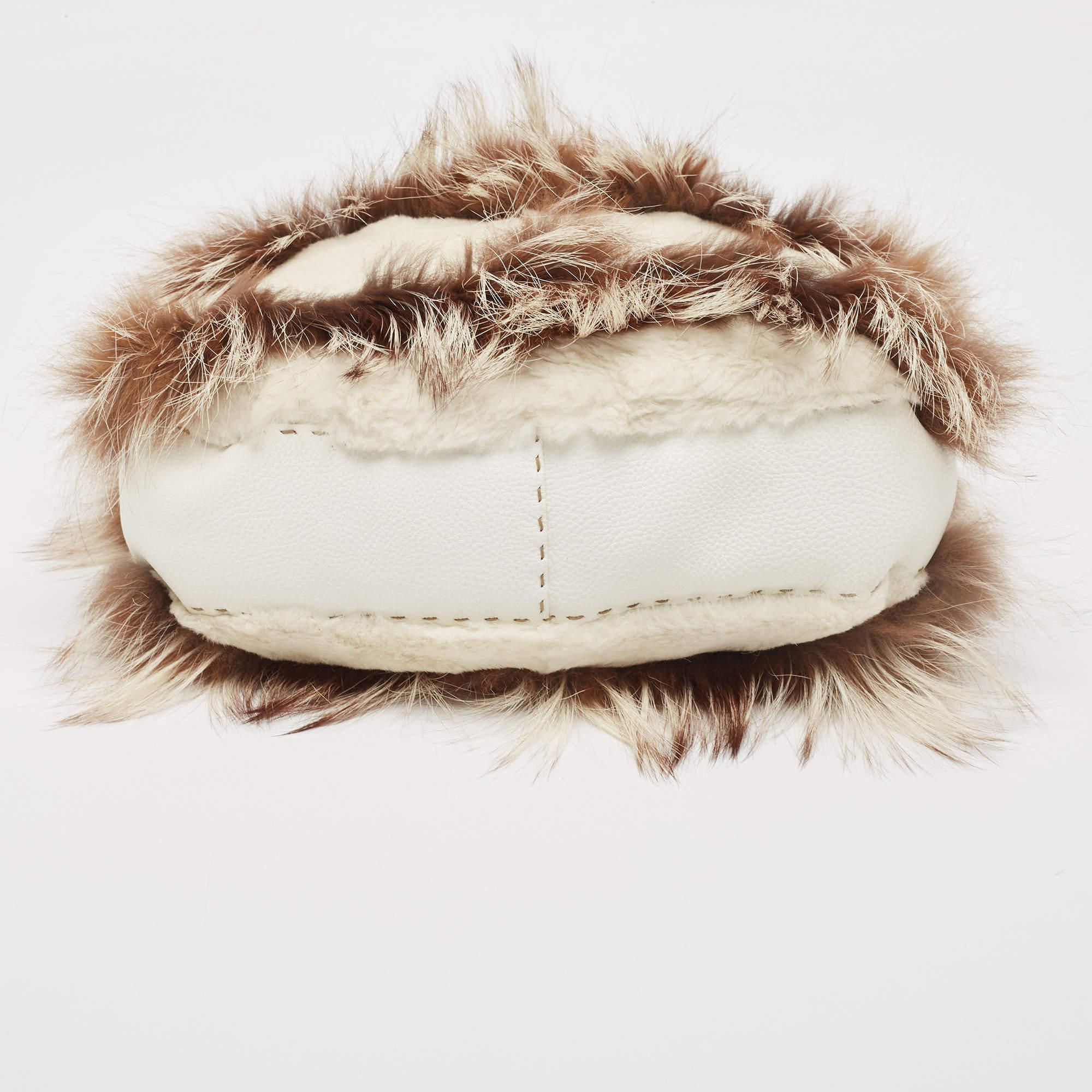Fendi White/Brown Selleria Leather and Rabbit Fur Zip Hobo For Sale 2
