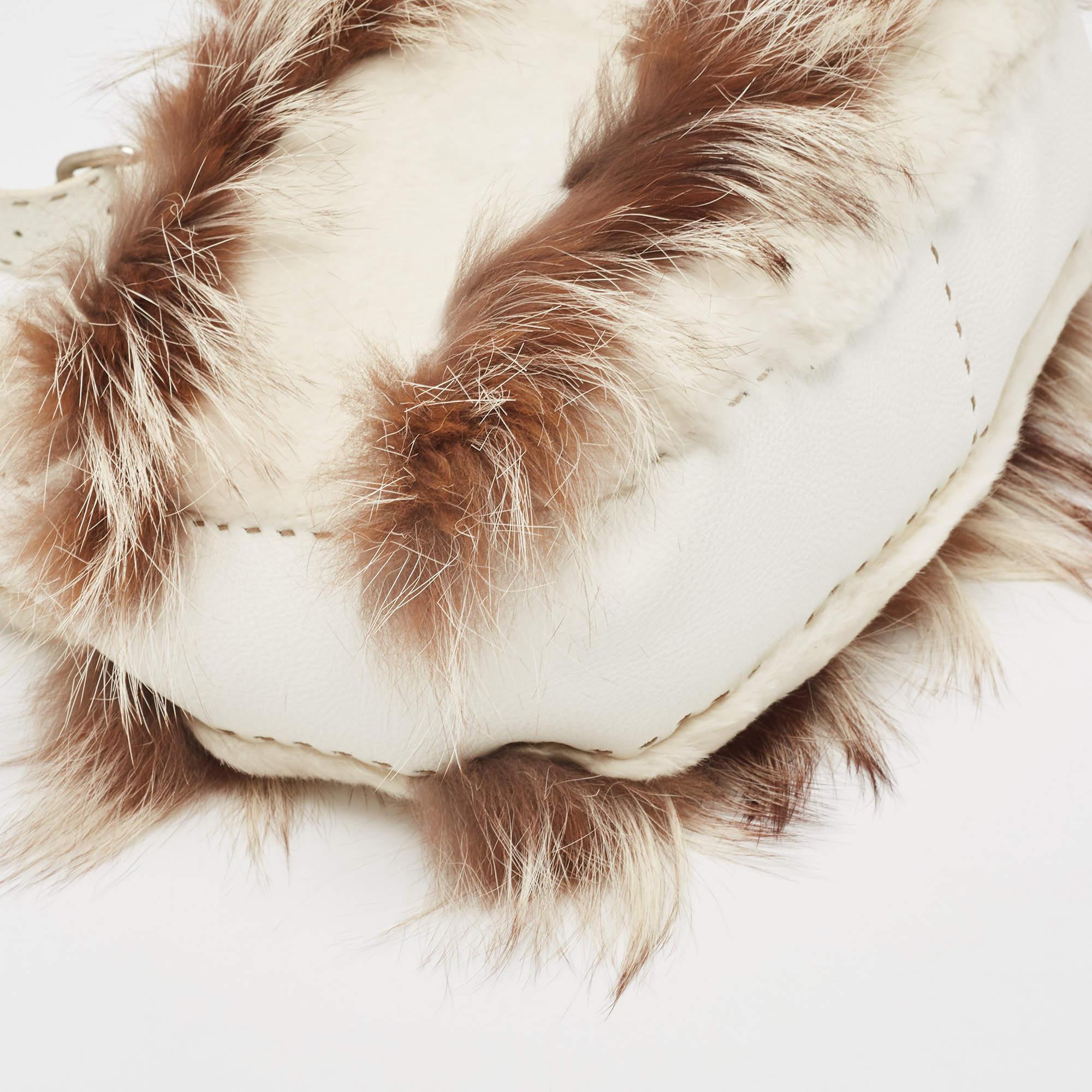 Fendi White/Brown Selleria Leather and Rabbit Fur Zip Hobo For Sale 3