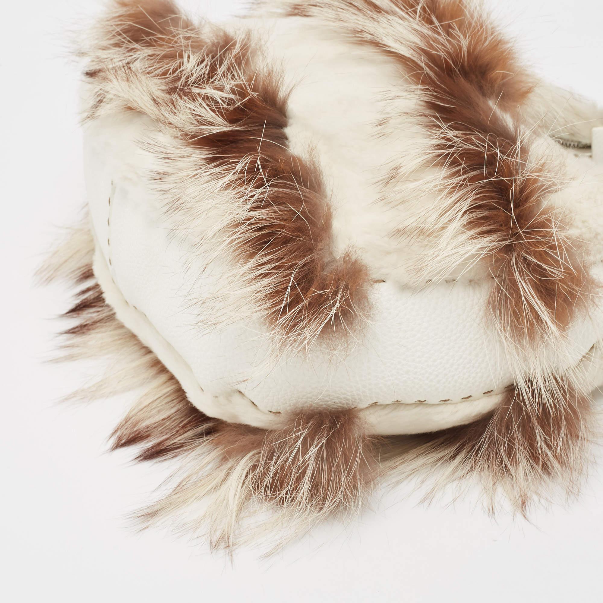 Fendi White/Brown Selleria Leather and Rabbit Fur Zip Hobo For Sale 4