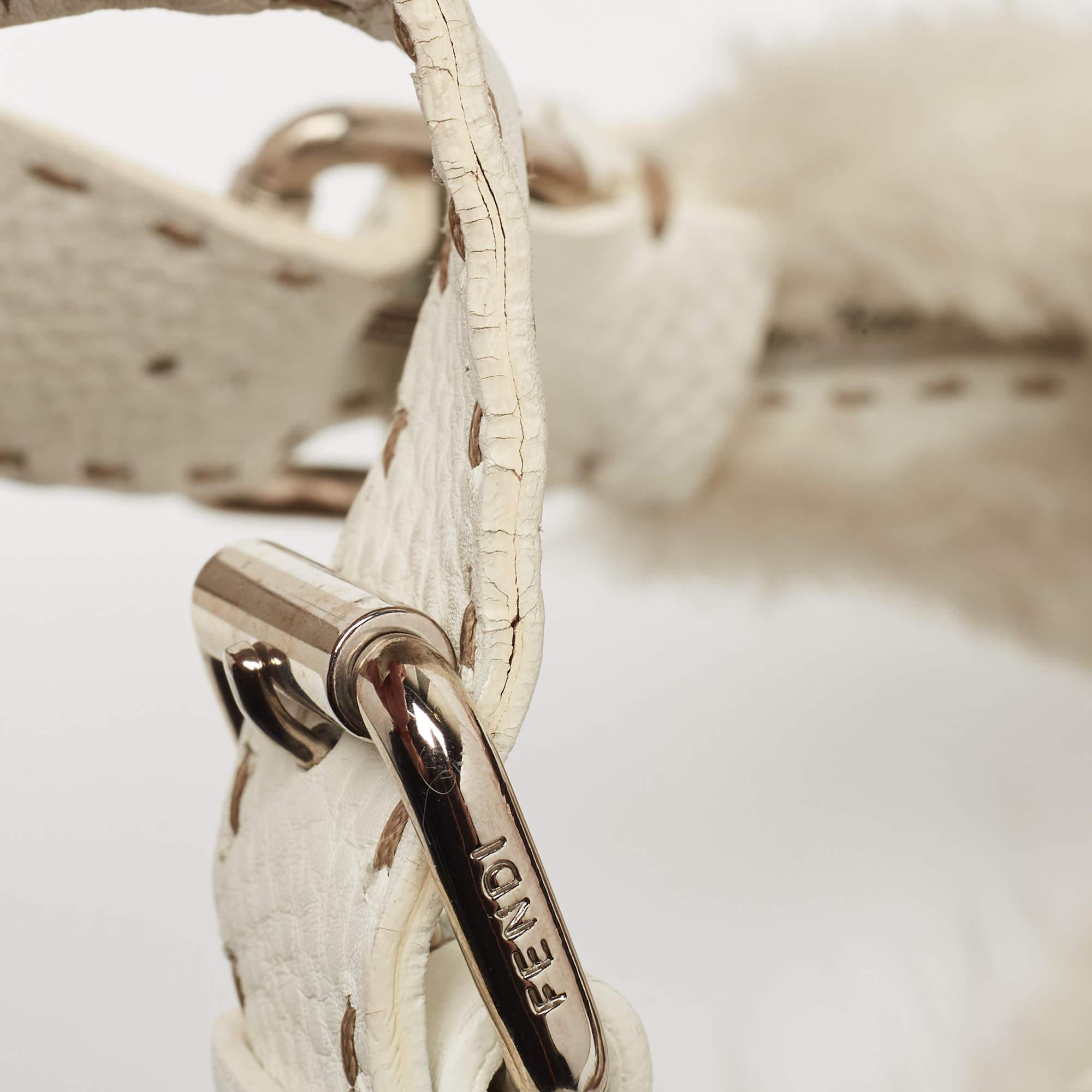 Fendi White/Brown Selleria Leather and Rabbit Fur Zip Hobo For Sale 5