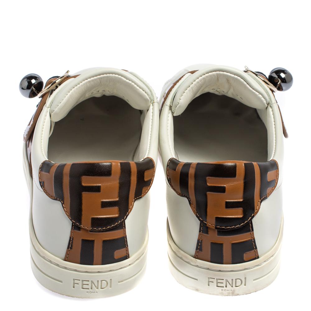 Beige Fendi White/Brown Zucca Leather Pearland Slip On Sneakers Size 36