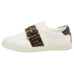 Fendi White/Brown Zucca Leather Pearland Slip On Sneakers Size 39