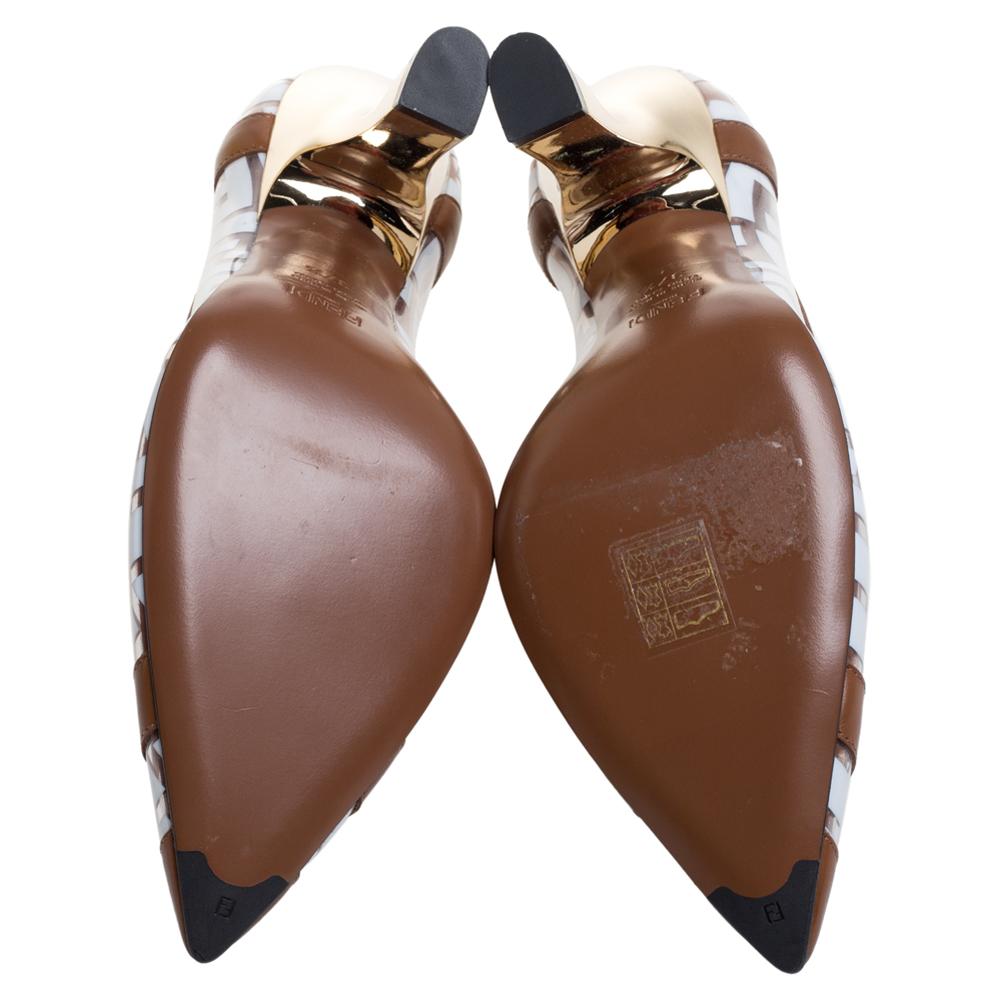 Women's Fendi White/Brown Zucca PVC and Leather Trim Colibri Pointed Toe Pumps Size 37.5