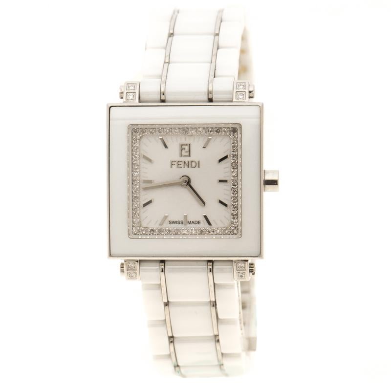 Fendi White Ceramic And Stainless Steel Quadro Women's Wristwatch 25 mm