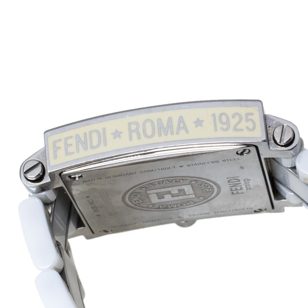 Fendi White Ceramic Stainless Steel Diamond Quadro 6200G Women's Wristwatch 30mm In Good Condition In Dubai, Al Qouz 2