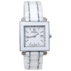 Fendi White Ceramic Stainless Steel Diamond Quadro 6200G Women's Wristwatch 30mm